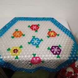 Vintage Large Hand Made Colorful Floral Beaded Doilies