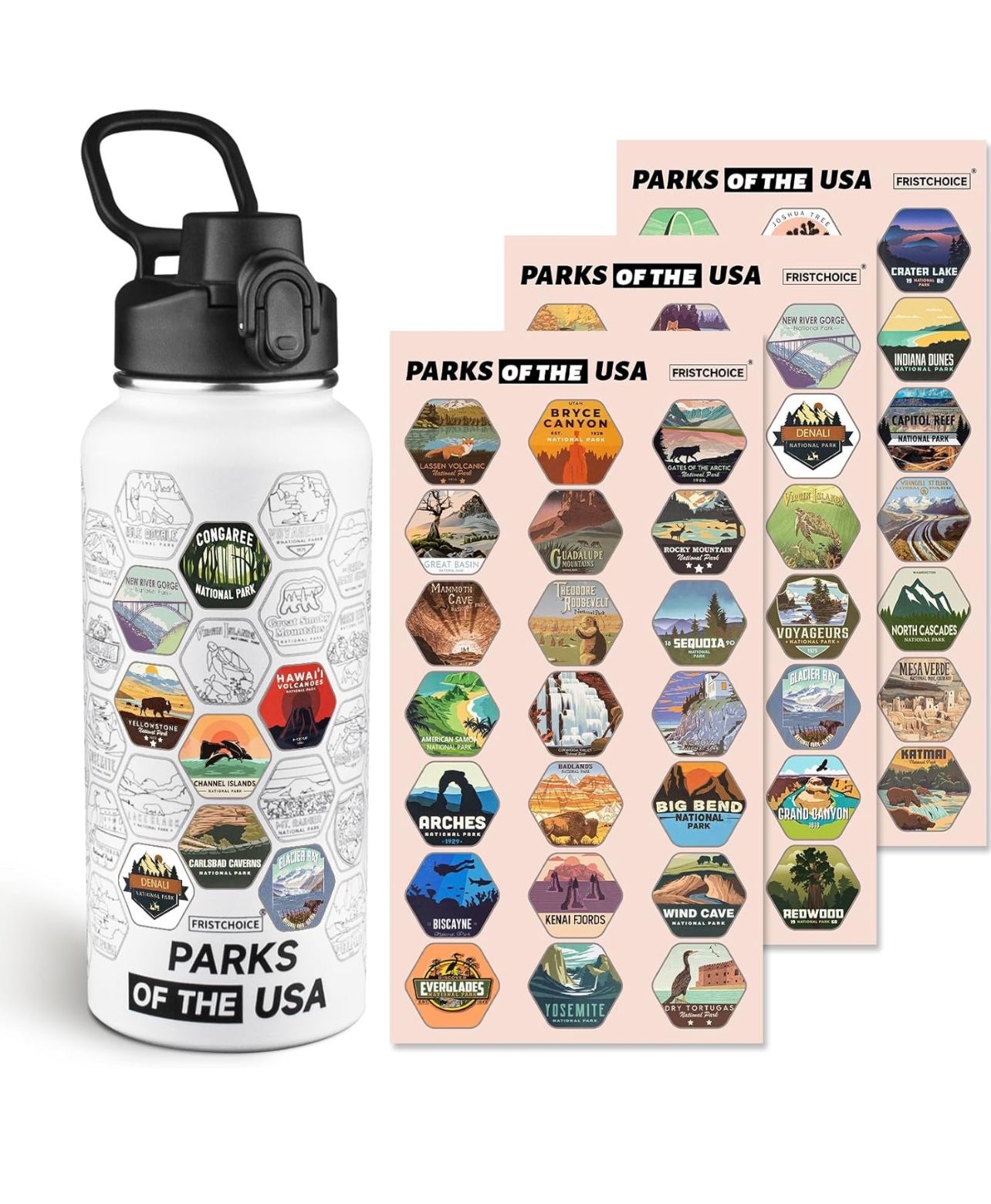 Brandnew 32oz National Parks Water Bottle with 63 Waterproof Stickers,32oz Double Wall Vacuum Stainless Steel Wide Mouth Insulated Travel Water Bottle