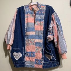 Handmade Hippie Boho Denim Jacket With Floral Fabric 27” Inches Length 