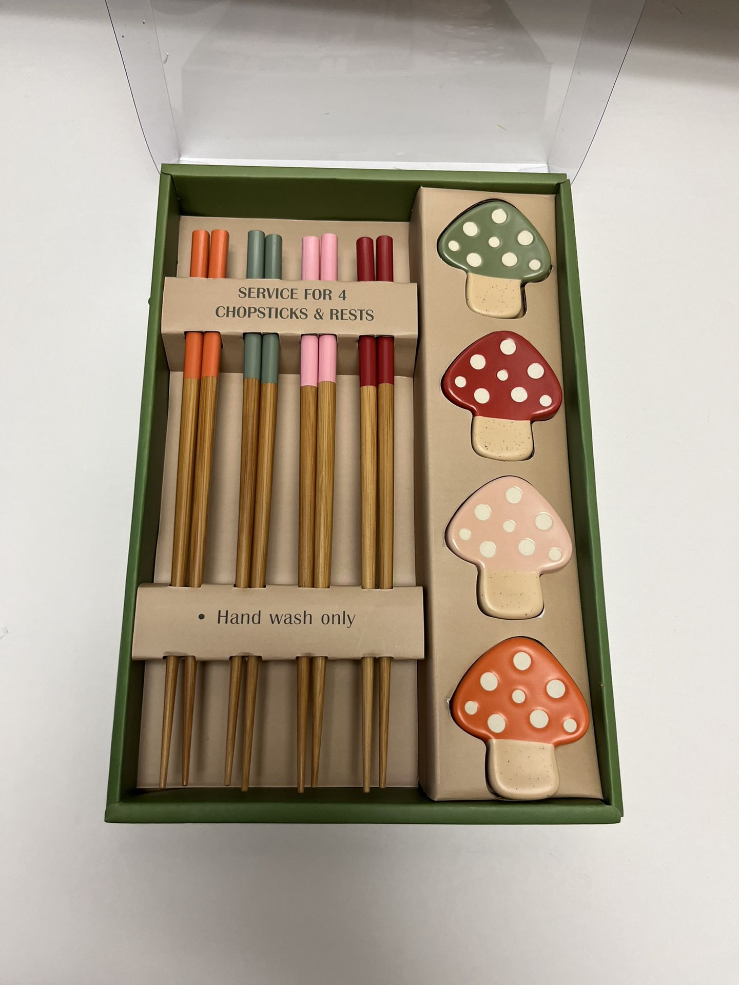 New 💚💖🍄❤️🧡 Tabletop Gallery bamboo chopsticks and ceramic mushrooms rests