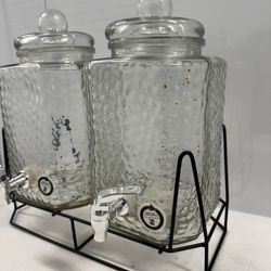 Hamburg Set of 2 Glass Beverage Dispensers w/ Stand 1.5 Gal Each