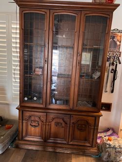 Wood China Cabinet with Leaded Glass Doors