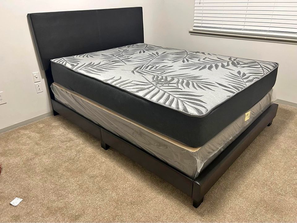 Brown & Black Queen Size Bed With Mattress + Box Spring + Free Delivery