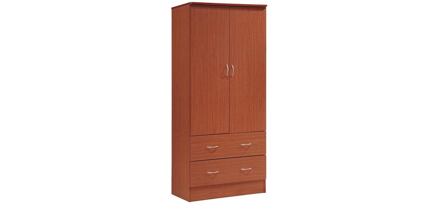 HODEDAH IMPORT- Two Door Wardrobe, with Two Drawers, and Hanging Rod, Cherry -New in box -No Issues -delivery Available Brand Hodedah Color Cherry
