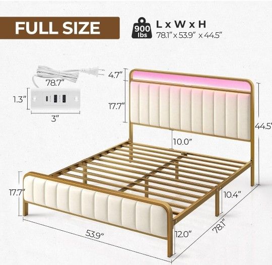 Full Size Bed Frame with LED Light and Charging Station, Upholstered Headboard and Footboard,
