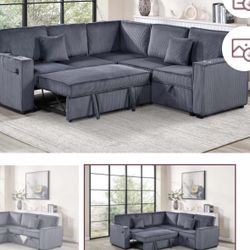 $528 Sectional Pull Out Bed With Storage USB Cup Holder Available,I Ivory,Dark Gray,Corduroy