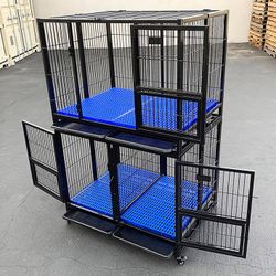 (Brand New) $370 Stacking Dog Cage (Set of 2) Heavy Duty 41x31x65” Crate Kennel w/ Plastic Tray, Wheels