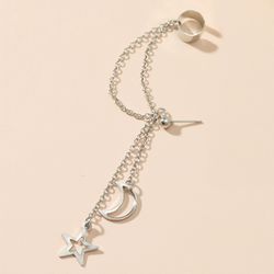 Moon And Star Long Tassel Earring With Ear Clip