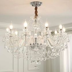 New 32”Large K9 Crystal Chandelier Clear Crystal 10 Lights E12 Bulbs Pendant Adjustable Height