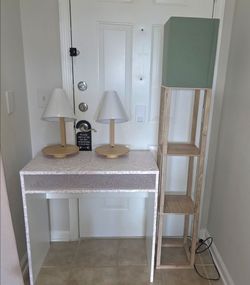 Desk and lamps