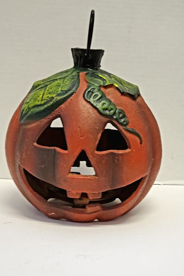 Vintage Cast Iron Jack-O-Lantern Halloween Pumpkin Tea Light Two Sided 7.5" Tall