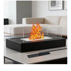 Rectangular Tabletop Fire Pit with Glass Wind Guard | Stainless Steel Outdoor Fireplace for Patio, Garden, Camping & Balcony | Stable Base Hurricane C