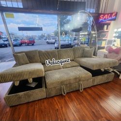 ✅️✅️3 pc Ash grey corduroy fabric sectional sofa with double storage chaise and pop up sleep area in center✅️✅️✅️