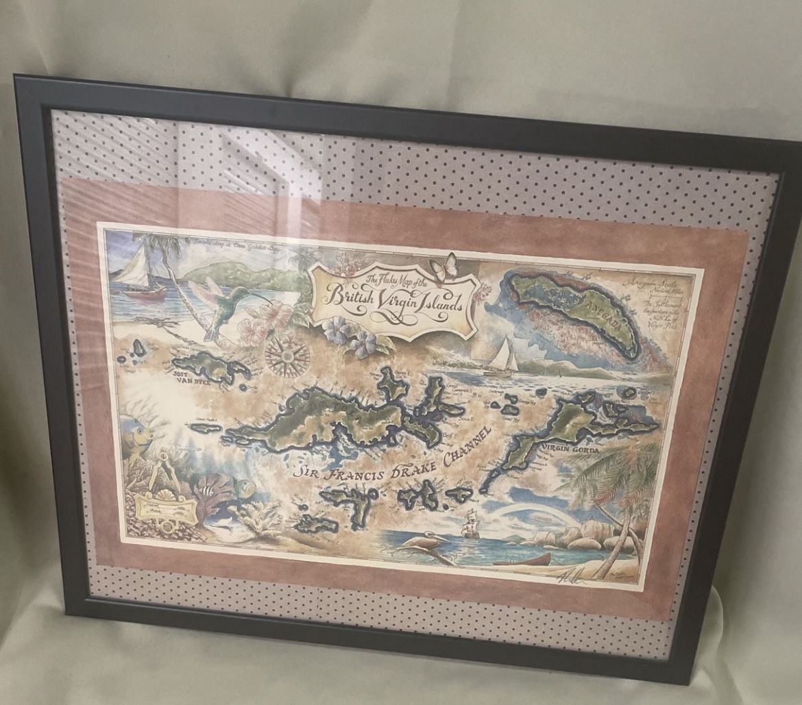 Lithograph "The Flukes Map of the British Virgin Islands", Roger Ellis signed. 21”x18”