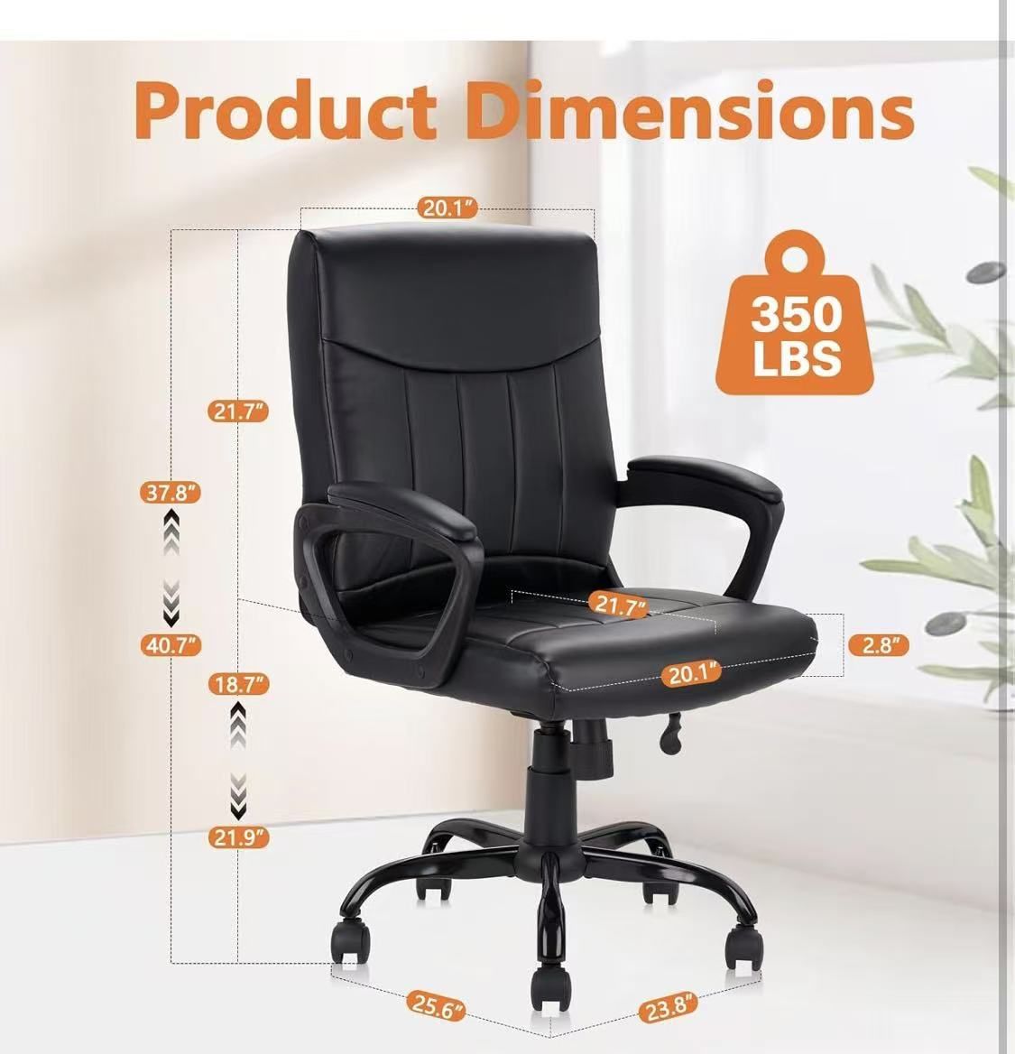 ✌️ Leather Office Executive Chair with Lumbar Support and Padded Armrestes, Swivel Rolling Ergonomic Mid Back Computer Task Desk Chair 