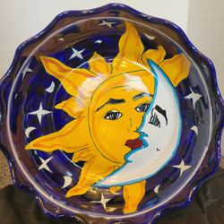 Talavera Mexican Handpainted Pottery Sun Moon And Stars Bowl 10" Scalloped Edge