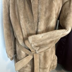 Faux Mink Fur Coat W/Leather Trim - Size 14