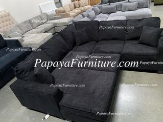 NEW Large U Shape BLACK Chenille Fabric Sectional Sofa and Chaise with Ottoman Set Ashley Style BIG Couch SALE Sleeper combine into Bed Living Room
