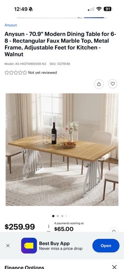 Modern Dining Table for 6-8 - Rectangular Faux Marble Top, Metal Frame, Adjustable Feet for Kitchen - Walnut