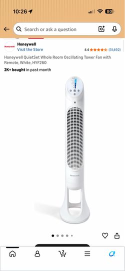 Honeywell QuietSet Whole Room Oscillating Tower Fan with Remote, White, HYF260