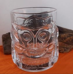 Drinking Glasses Zaya Rum Tiki 10oz Rocks Glass, Fun Bareware,Clear glass tiki mug has molded face design. Material is thick glass with textured detai