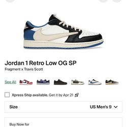 Jordan 1 Retro Low Travis Scott Fragments size 9