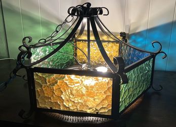 Spanish Revival Wrought Iron Chandelier Stained Glass Colorful Hanging Light