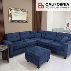 Modern Navy Blue Chenille L-Shaped Sectional Set with Ottoman