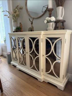 Wood Creamy White Credenza with Antique Mirror Panels