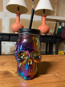 Iridescent Skull Glass Mason Jar Tumbler