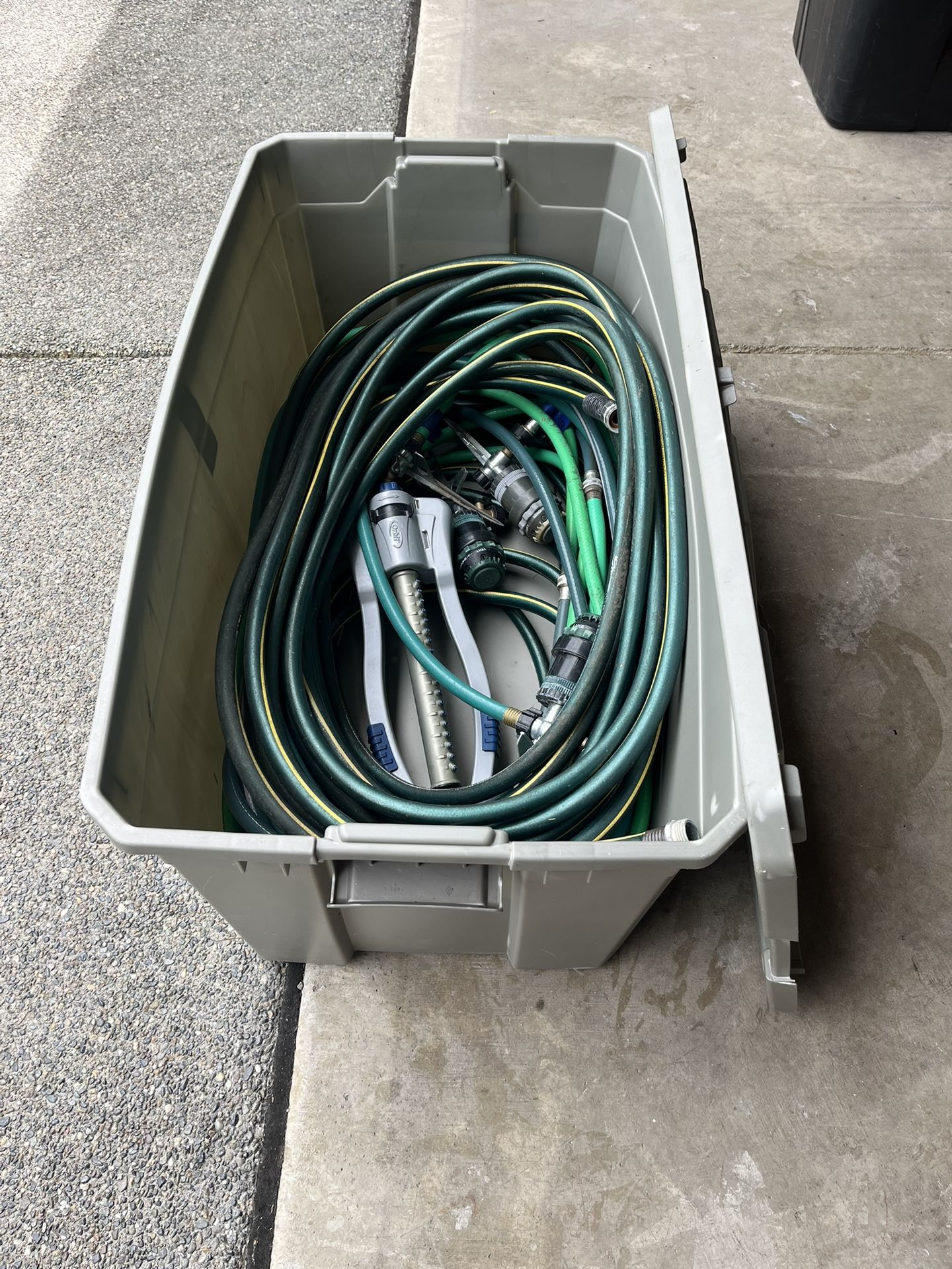 Hoses, Sprinklers,, Bin And 2 Hose Box Reels.