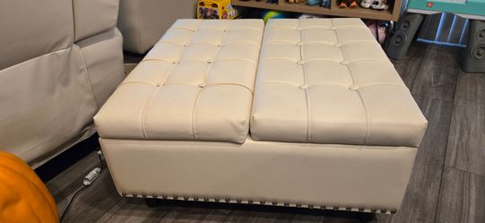 Cream Faux Leather Tufted Storage Ottoman with Lift Top FiveWillowise 31.5" Large Square
