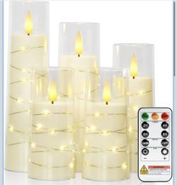 Raycare Flameless Candle with Remote Timer – 5 Flickering Acrylic Battery Operated LED Pillar Candles with Embedded Star String for Halloween, Home De