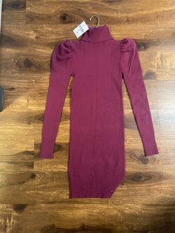 Burgundy Turtleneck Puff Sleeve Sweater Dress