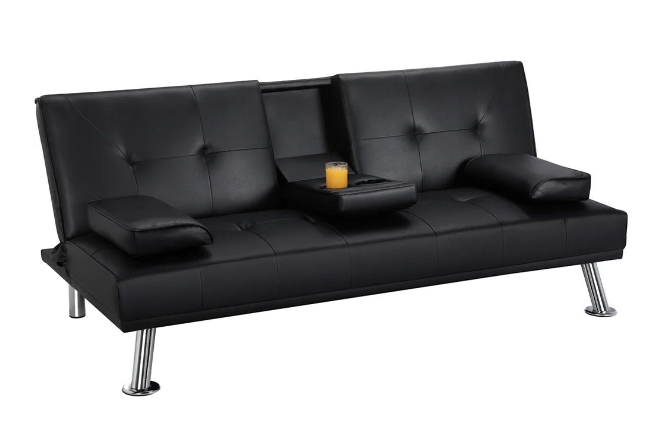 Faux Leather Futon Sofa with Cupholders, Black