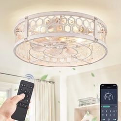 Lediary 20in Caged Ceiling Fan Distressed White With Lights N Remote 6speed Reverse Timer Open Box Like New 