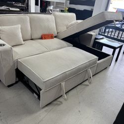 Beige Sectional Pullout Bed And Storage