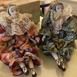 Vintage Pierrot Porcelain 1980s Harlequin Clown Dolls Pair