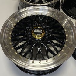 New 20” BBS RS Style Wheels Gloss Black Faces Polished Lips Gold Hardware 20x8.5 +35 (5x114.3) (5x120) Dual Bolt Pattern 