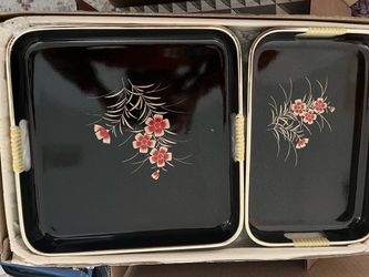 3 Black Lacquer Serving Trays with Floral Design