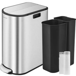 13-Gallon Dual Kitchen Trash Can, 5.3 and 8 Gallon Compartments, Garbage Can with Wing Lids, Stainless Steel, Soft Close, Inner Buckets, Me