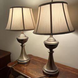 Pair Of Brushed Steel Bronze Tone Lamps