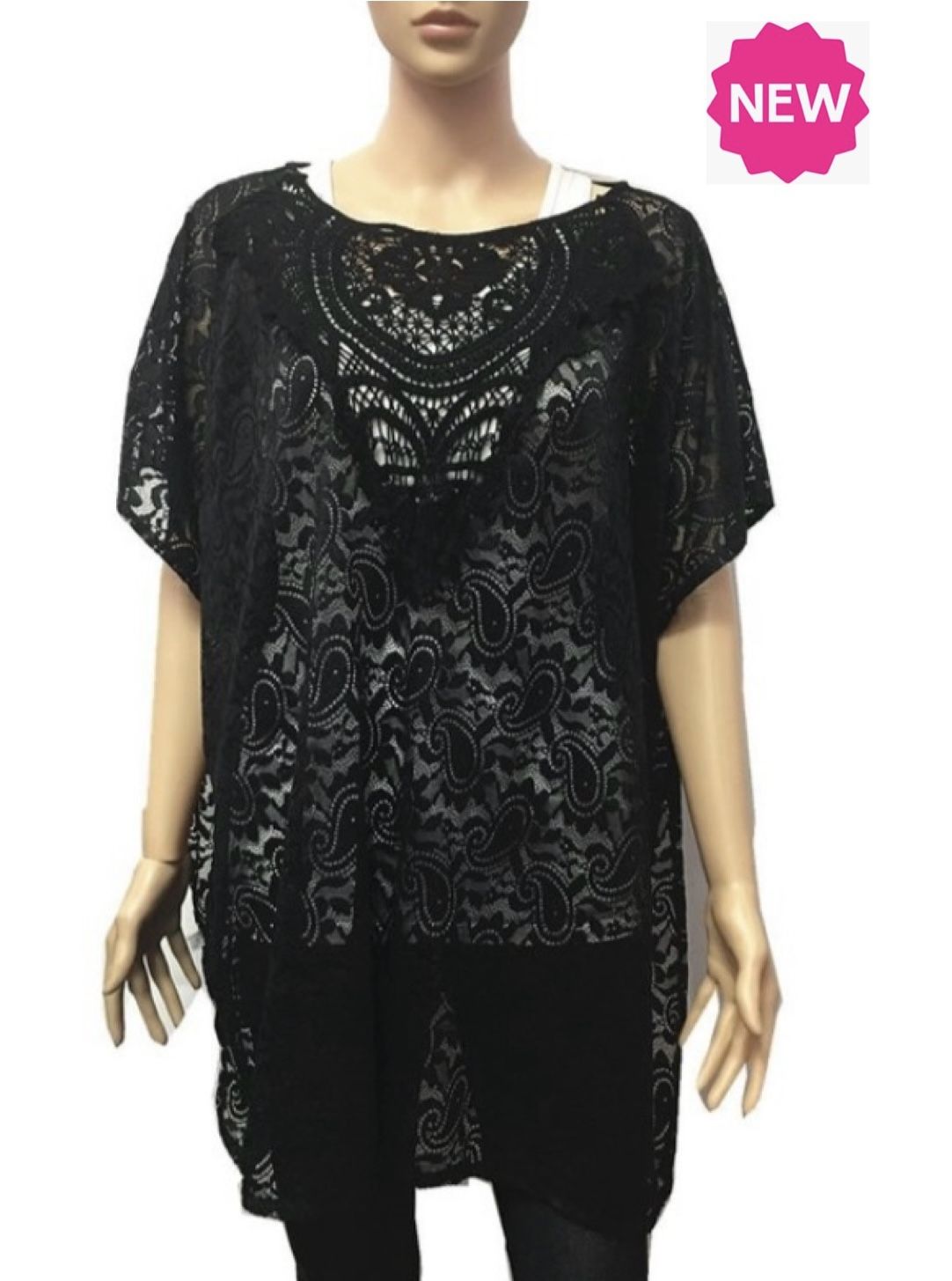 NEW Womens Black Lace Paisley Print Swim Cover