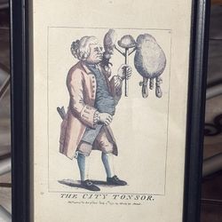 Antique engraving "The City Tonsor" (The City Barber) - 18th-century caricature. 6x10
