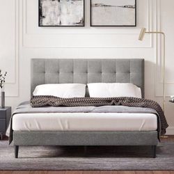 Full Bed Frame with Velvet Completed Upholstered Headboard, Wooden Slats Support/No Box Spring Needed/Easy Assembly,