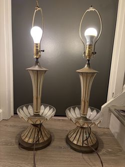 2 Vintage 1950’s MCM Mid Century Modern Gilt on Clear Glass and Brass Tall Table Lamps Lamp