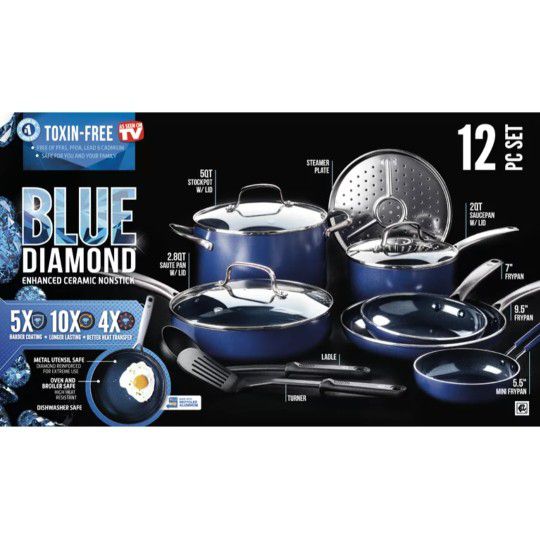 BLUE DIAMOND 12-Piece Toxin-Free Ceramic Nonstick Pots and Pans Cookware Set (Color: Blue)