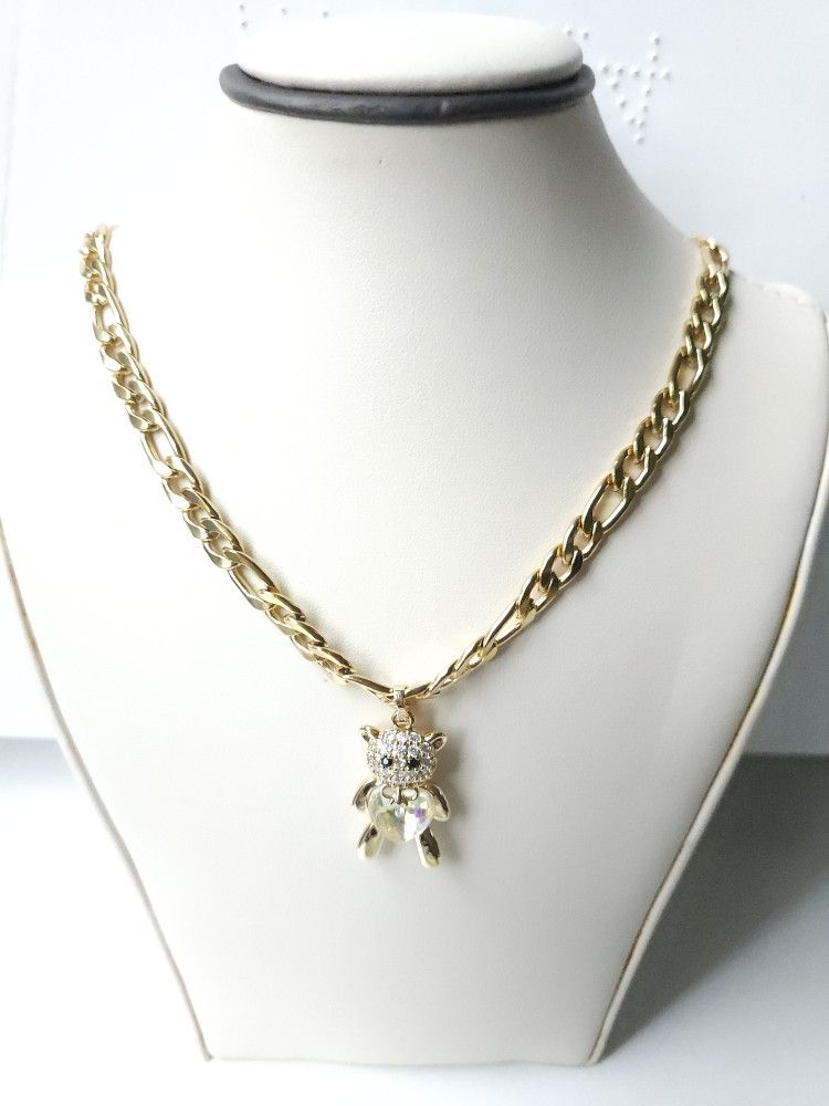Gold Stainless steel Figaro Chain necklace Bear Pendant