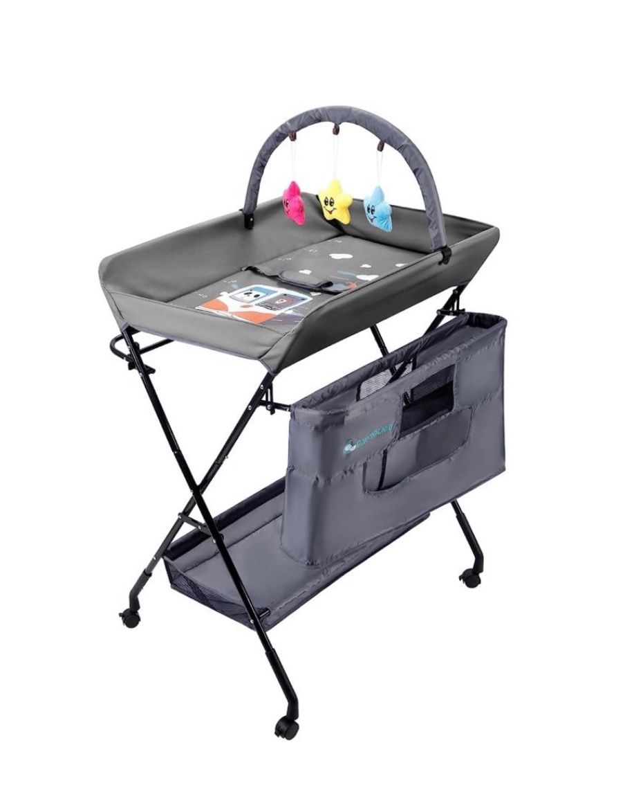 NEW! Portable Baby Changing Table - Waterproof Diaper Changing Table with Wheels, Adjustable Height Folding Diaper Station with Safety Belt, Large Sto