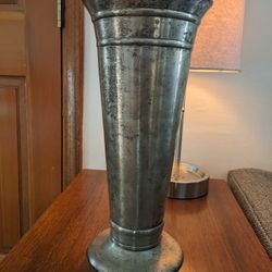 Vintage Pottery Barn Metal Trumpet Vase –Tall Patina Flower Vessel, Rustic Decor
